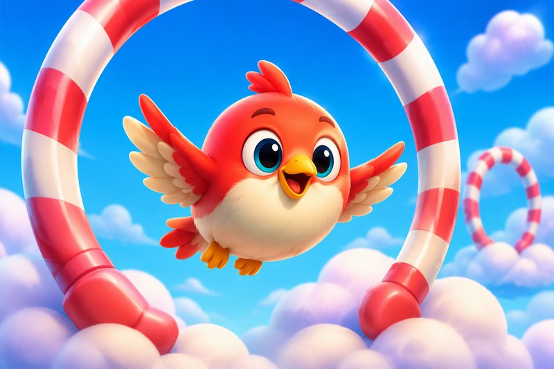 A round fluffy cartoon bird flapping between red-and-white candy cane gates in a bright blue sky with clouds, flat vector style