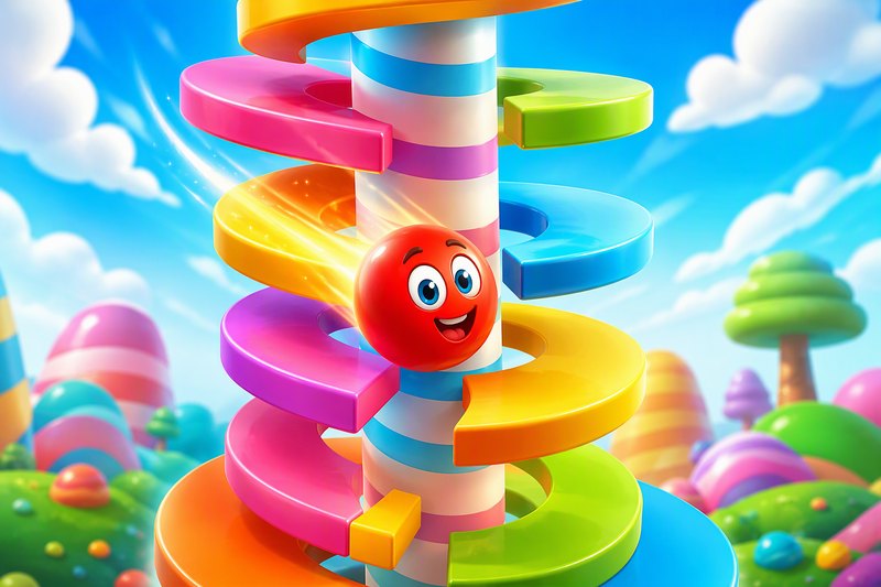 A smiling bouncy ball dropping down a colorful spiral helix tower with gaps and red slices, in a bright flat vector style