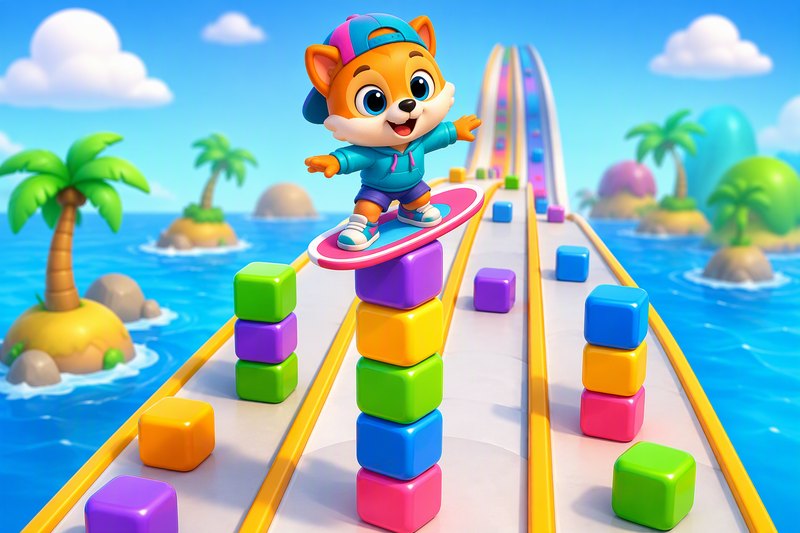 A happy cartoon surfer riding a tall stack of colorful cubes down three lanes toward blocky walls, in a bright flat vector style