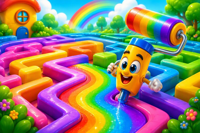 A cute paint roller leaving a colorful trail through a white cartoon maze, in a bright flat vector style