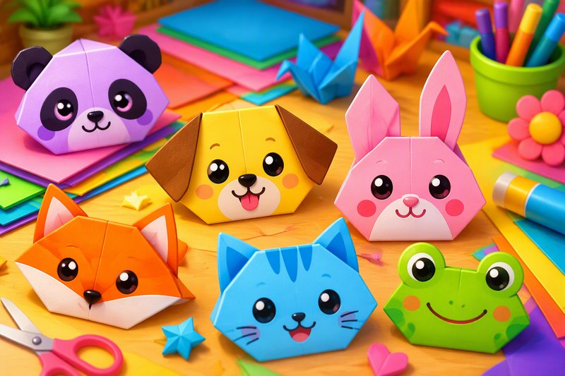 A folded paper craft with cute cartoon pets stacked on squares and folding arrows, in a bright flat vector style