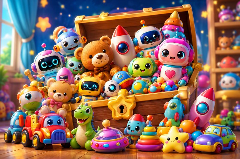 A colorful pile of cartoon toys — teddy bears, robots, dinosaurs — spilling from a toy chest, in a bright flat vector style