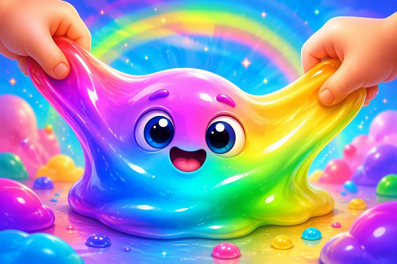 A cute smiling blob of mint-green slime being stretched by a finger, with sparkles around, in a bright flat vector style