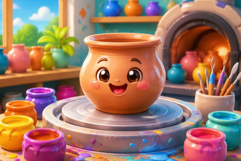 A cute cartoon clay pot with a smiling face on a pottery wheel, with glaze colors and stamps nearby, in a bright flat vector style