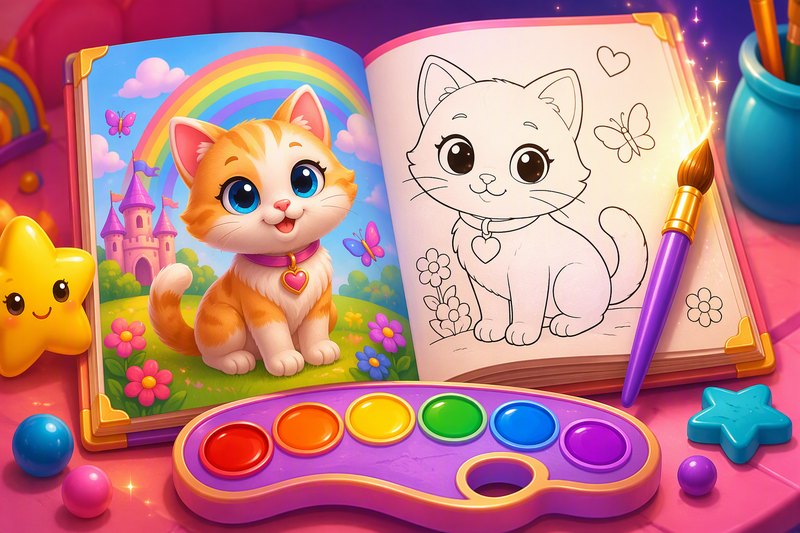 A cartoon coloring book page of a cute cat being filled with bright rainbow colors, with a palette of paints, in a flat vector style
