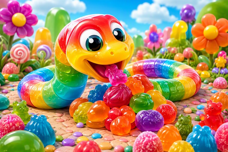 A colorful gummy candy snake with a cute face winding through a garden of lollipops and cupcakes, in a bright flat vector style
