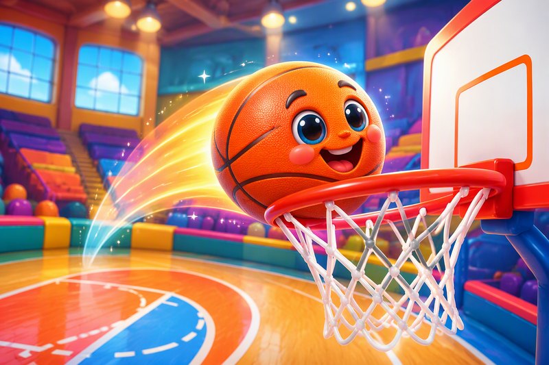 A happy cartoon basketball flying toward a hoop with a swishing net on a sunny court, in a bright flat vector style
