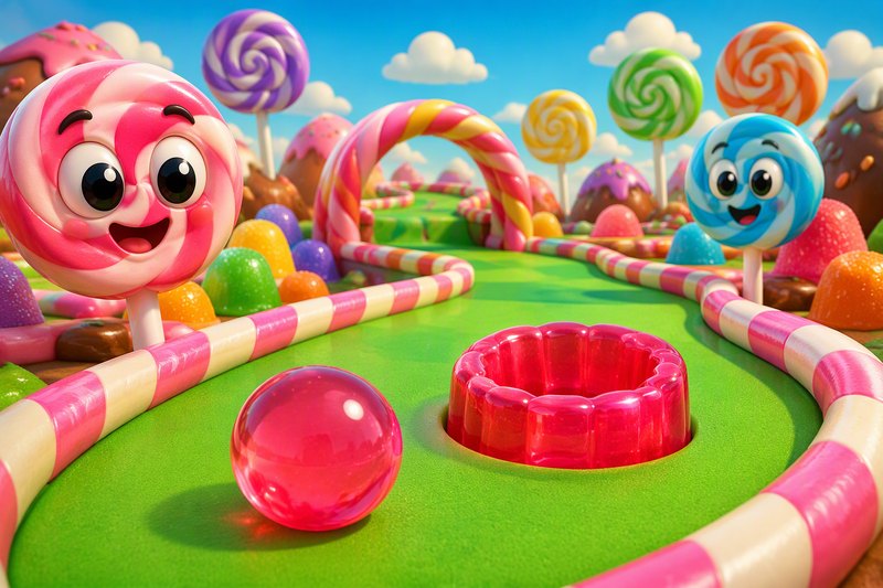 A pink gummy golf ball rolling toward a jelly cup with a red flag on a candy-green mini-golf course, in a bright flat vector style
