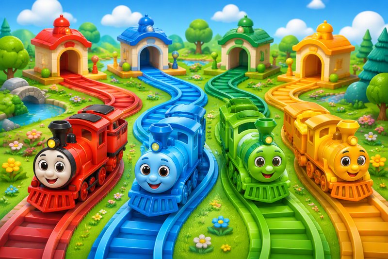 Cute colorful cartoon trains on a grid with wiggly tracks connecting them to matching stations, in a bright flat vector style