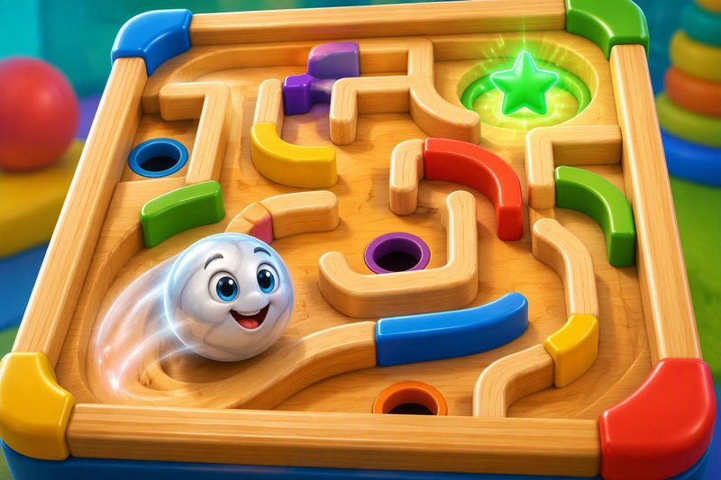A smiling blue marble rolling through a wooden tilt maze toward a green star, in a bright flat vector style