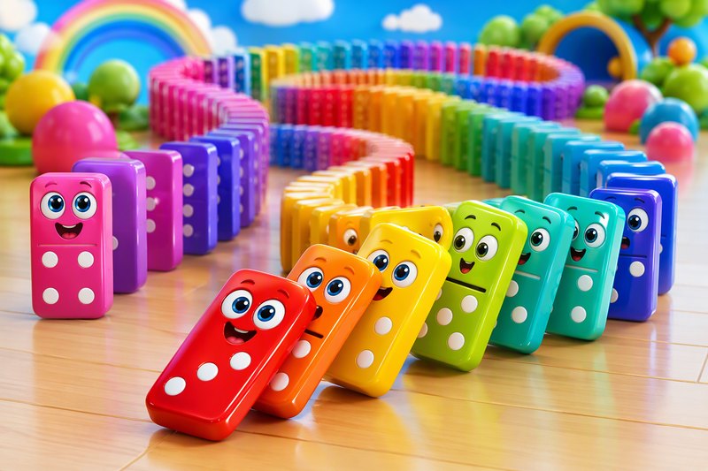 Colorful cartoon dominoes mid-cascade, toppling in a wiggly chain with a happy finger pushing the first one, in a bright flat vector style