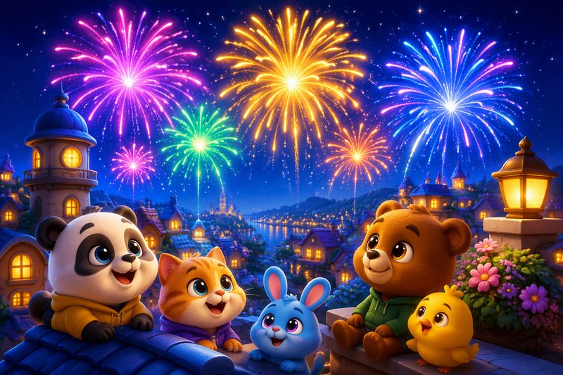Colorful cartoon fireworks in heart, star, and ring shapes blooming over a sleepy city at night, in a bright flat vector style
