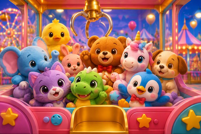 A cartoon claw machine full of cuddly toys with a claw descending toward a teddy bear, in a bright flat vector style