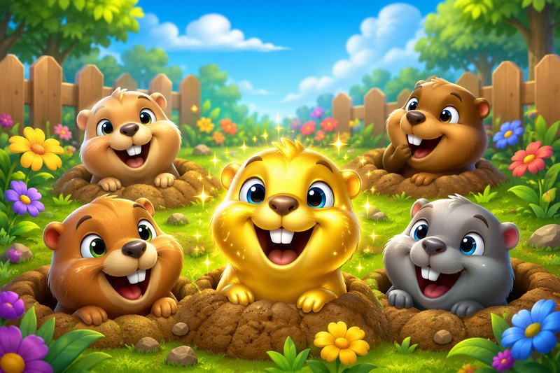 Cute cartoon gophers popping out of round garden holes with a golden gopher sparkling, in a bright flat vector style
