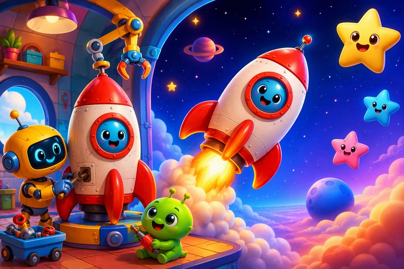 A colorful cartoon rocket built from fun parts blasting off toward a starry sky with planets, in a bright flat vector style
