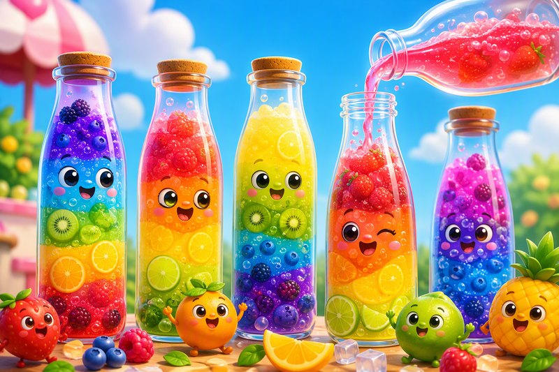 Colorful soda bottles filled with fizzy layered drinks and fruit bubbles