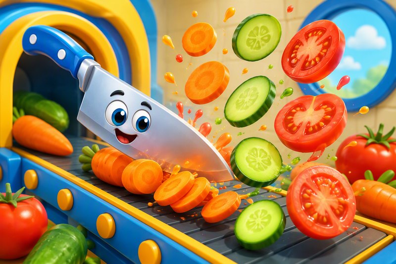 A shiny kitchen knife slicing colorful veggies flying off a conveyor belt