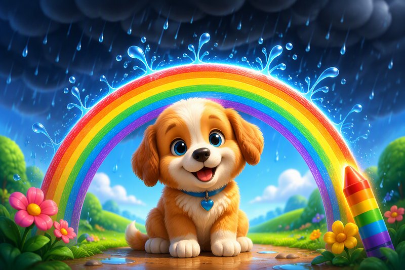 A cute cartoon puppy under a storm cloud protected by a hand-drawn rainbow line