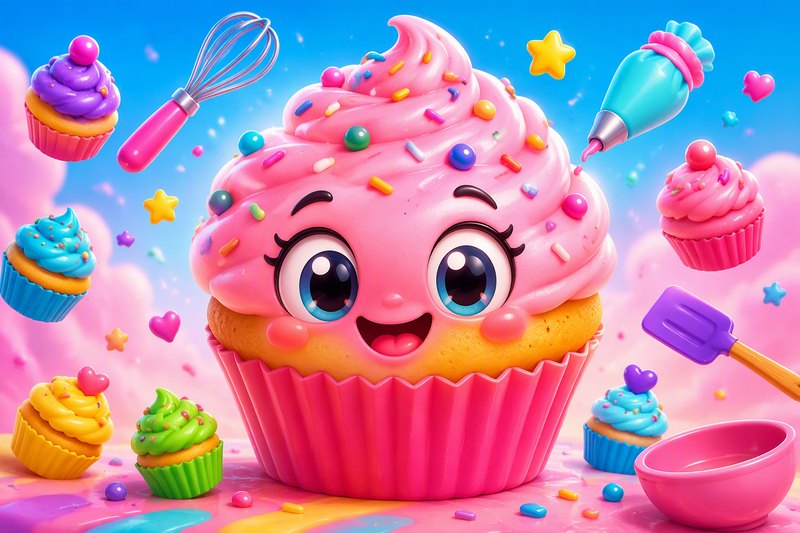 A giant smiling cupcake with sprinkles surrounded by tiny cupcakes and baking tools