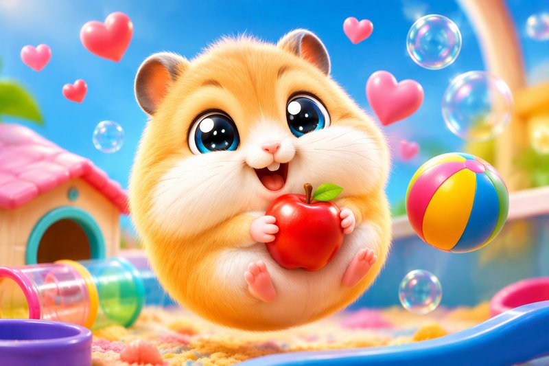 A fluffy round pocket pet with big eyes surrounded by hearts, an apple and bubbles