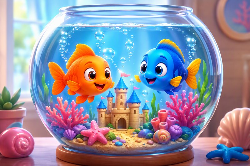 A round fishbowl with cute cartoon fish, coral, a tiny castle and bubbles