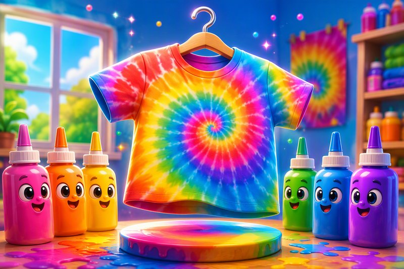 A bright tie-dye T-shirt with spiral rainbow pattern and dye bottles around it