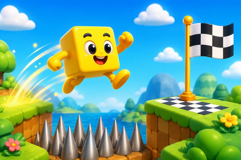 A smiling bouncy box jumping over spikes toward a checkered flag