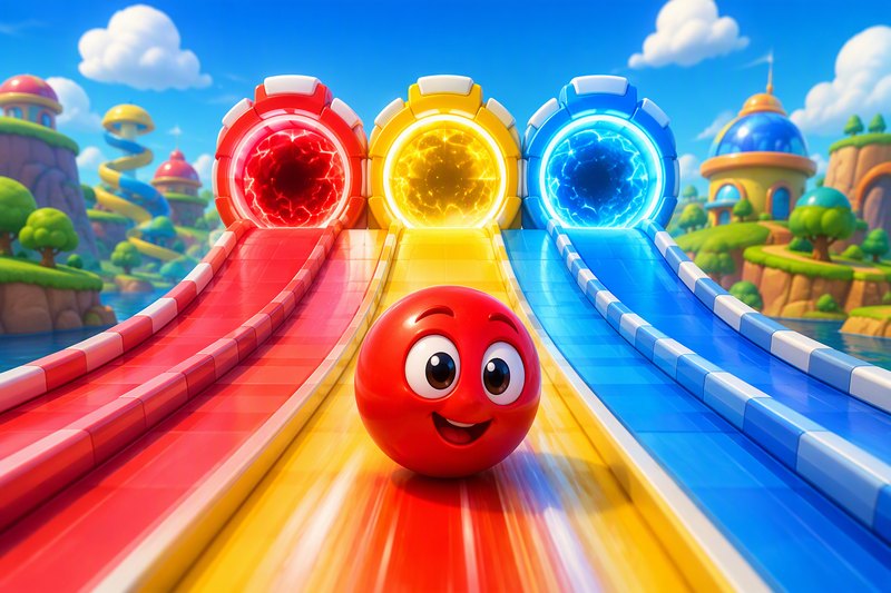 A glossy color ball racing toward glowing red, yellow and blue gates on three lanes