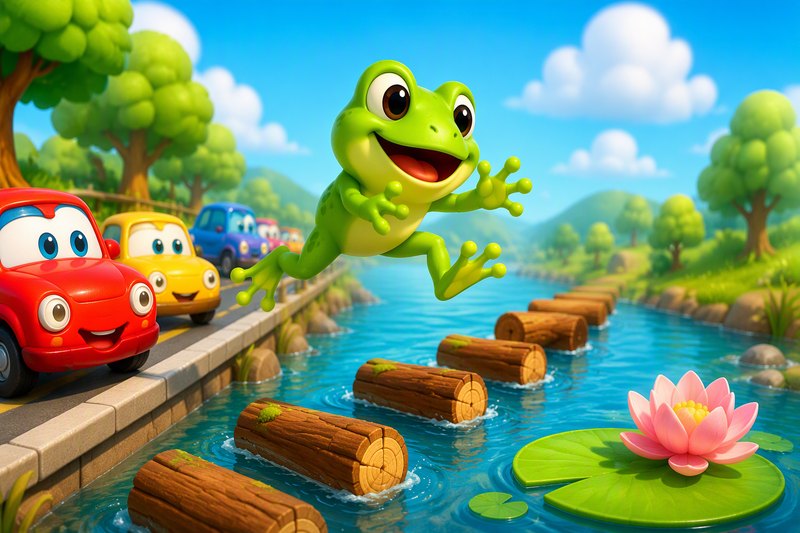 A happy green frog hopping between cartoon cars and river logs toward a lily pad