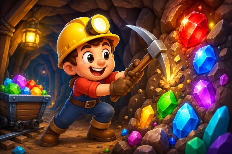 A cheerful cartoon miner digging underground toward glowing colorful gems