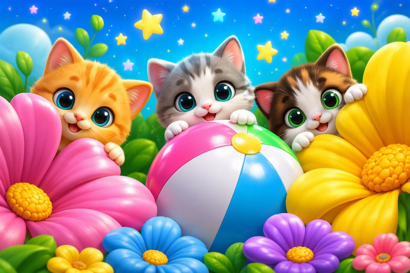 Cute cartoon kitties peeking from behind flowers, beach balls and stars