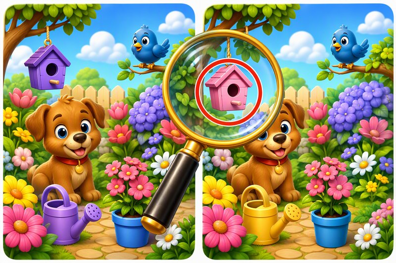 Two colorful cartoon scenes side by side with magnifying glass spotting differences