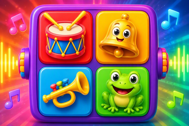 Cartoon music pads with drums, bells and a frog making colorful sound waves