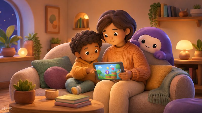 أب وطفل يجلسان معًا على أريكة وينظران إلى جهاز لوحي يعرض Playkudo